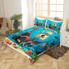 Cartoon Pirate Ship Duvet Cover Set Twin Size Marine Adventure Comforter Cover Underwater Fish Bedding Set 2pcs for Kids Cute Octopus Jellyfish Bedspread Cover,Comforter Not Included