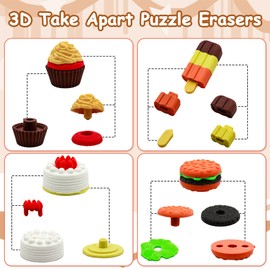 34 pcs Food Erasers for Kids Classroom Prizes, Puzzle Eraser 3D Take Apart Food Pencil Erasers for Student Rewards, Class Treasure Box,Game Rewards,Party Favors