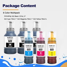 LMZLJZ 6Pack Compatible with for T522 522 Ink Refill Bottles for Ecotank ET-1110 ET-1810 ET-2400 ET-2710 ET-2720 ET-2800 ET-2803 ET-2810 ET-2811 ET-2820 ET-2840 ET-4700 Printer,3 Black,1C,1M,1Y