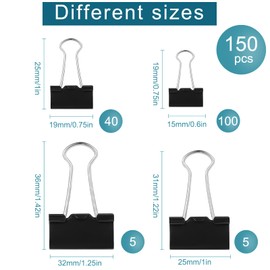 XUSSMM 150 Pcs Binder Clips, Black foldback Clips, 4 Sizes Foldback Clips 15mm/19mm/25mm/32mm Metal Binder Clips for Notes, Office, Home, School (Black)