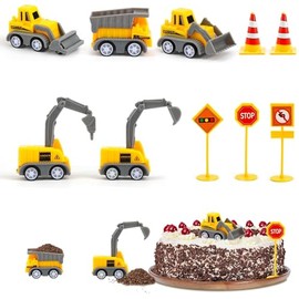 Baustellenfahrzeuge Kinder, 10 Stück Bagger Tortendeko, Mini Bagger Kuchendeko Spielzeug mit Verkehrsschildern, Baufahrzeuge für Geburtstag Junge Mädchen 2 3 4 5 Jahre
