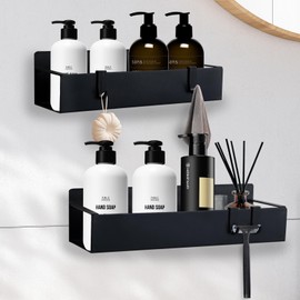 Shower Shelf No Drilling Black Shower Shelf Bathroom Shelf No Drilling Pack of 2 Rustproof Bathroom Organiser, Shampoo Shower Gel Holder for Shower, Shower Basket Holder Shower Shelf with 4 Hooks