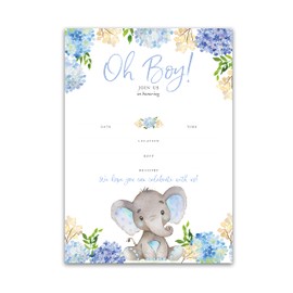 BLUE ELEPHANT Baby Shower INVITATIONS — Pack of 25 — BABY BOY Blank Fill-in Baby Shower INVITES, Oh Baby, Blue Floral BABY ELEPHANT BOY Baby Sprinkle Little Peanut Invitation SKU I531-INV1