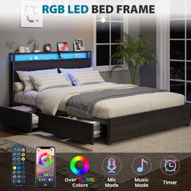 Kiivakii Queen Size Bed Frame with Headboard, LED Platform Bed with 4 Storage Drawers, Built in Charging Station, Noise-Free, Metal Support Base, No Box Spring Needed, Black