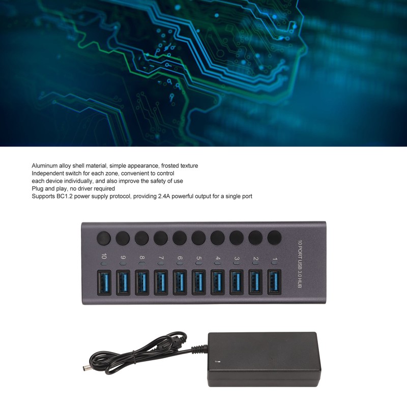 10 Port USB3.0 Hub Splitter Independent Power Supply Charging Data