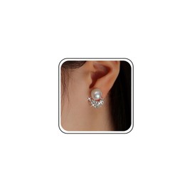 Inilbran Boho Crystal Pearl Earrings Silver Rhinestone Pearl Studs Earrings Vintage Pearl Round Earrings Wedding Bridal Pearl Earrings Jewelry for Women