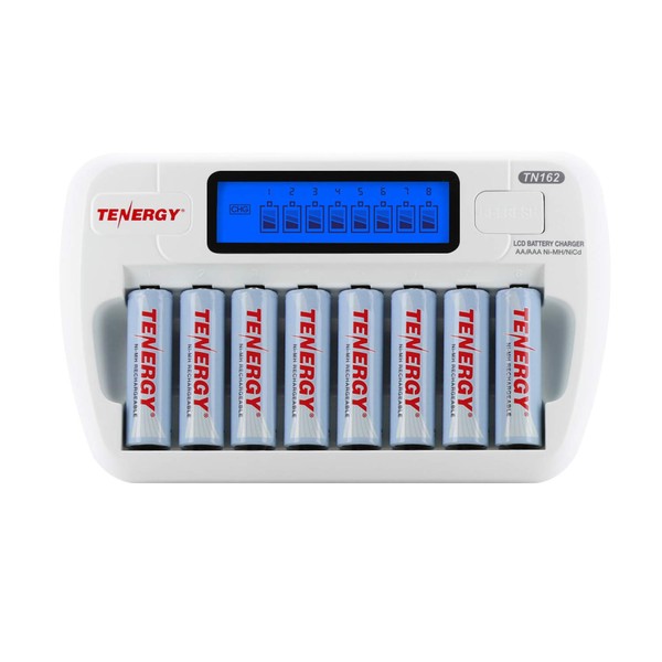Tenergy AA Rechargeable Battery and Charger Combo TN162 8-Bay Smart LCD AA/AAA NiMH/NiCd Charger + 8 AA NiMH Rechargeable Batteries