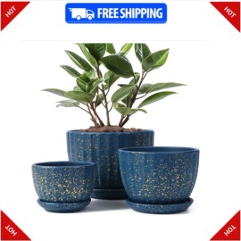 STHIE Ceramic Plant Pots with Drainage, Blue Round Planters, 3.3/4.3/5.5 In, Set of 3