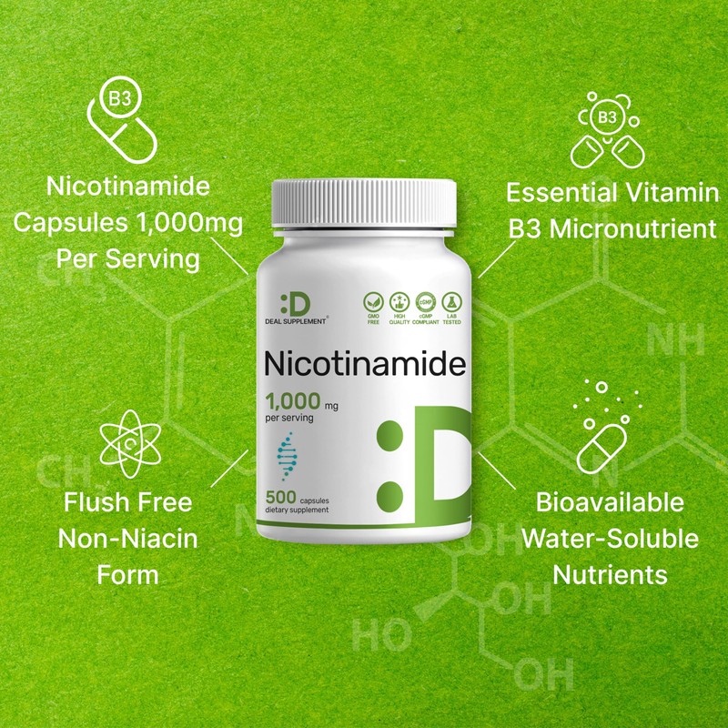 Vitamin B3 Nicotinamide 1,000mg Per Serving – 500 Capsules, Flush