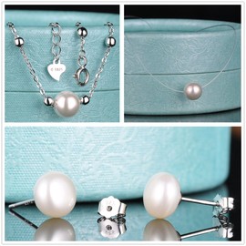 Yumilok Jewelry 925 Sterling Silver Simple Simulated Pearls Invisible Chain Necklace Bracelets Earring Stud for Women/Girls