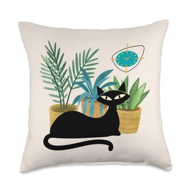 Cat Botanical Theme Midcentury Atomic Age Modern Mid Century Throw Pillow