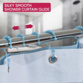 Shower Curtain Hooks Rust Proof (Set of 12) - Stainless Steel Shower Curtain Rings - Anti Slip Roller Balls for Easy Glide (Sky Blue, Dual-Glide Double Hooks)