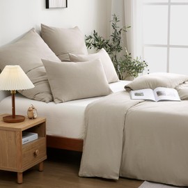 ATsense Bed Linen 135 x 200 cm Cotton 2-Piece Bedding Sets Beige Oeko-Tex Certified with Linen-Like Handle, Breathable, 1 Duvet Cover and 1 Pillowcase 80 x 80 cm