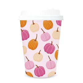 Whaline 50 Pcs Fall Disposable Coffee Cup with Lid 16 Oz Pink Pumpkin Paper Cup Drinking Cups for Autumn Cafe Shop Cappuccino Chocolate Beverage Cocoa
