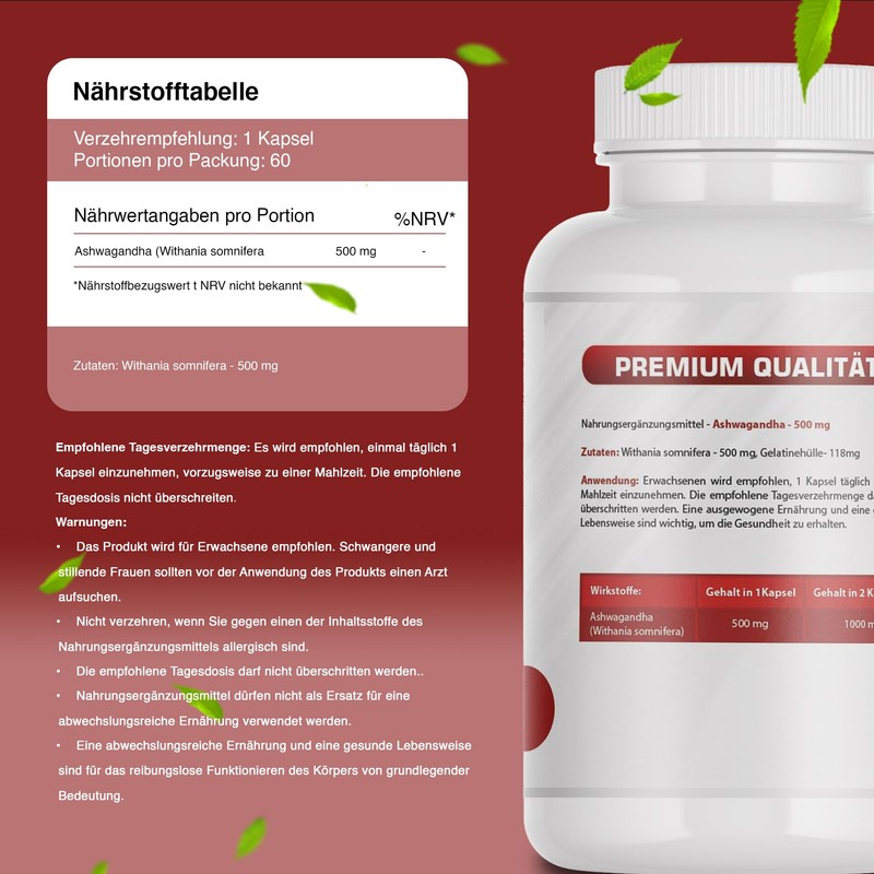 Ashwagandha Extract 500 mg 60 Capsules Indian Ginseng Memory