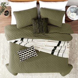 ROARINGWILD Green Queen Size Quilt Bedding Sets with Pillow Shams, Olive Lightweight Soft Bedspread Coverlet, Sage Quilted Blanket Thin Comforter Bed Cover, All Season, 3 Pieces, 90x90 inches