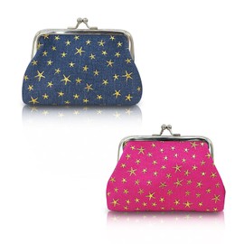 WisePoint 2PCS Coin Purse, Denim Fabric Coin Pouch Fashionable Change Purse with The Kiss Lock Design, Lightweight Coin Wallet for Change, Cards, Keys, Lipstick (Rose+Dark Blue)