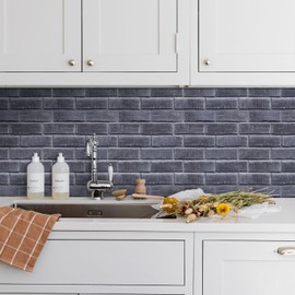 COMSTICKC 3D Black Brick Wall Panels Peel and Stick Tiles,10 Pcs of 12"X12",Small Size Thin PVC Fake Brick Self Adhesive Wall Covering Faux Brick Backsplash Kitchen Living Room Interior Decor