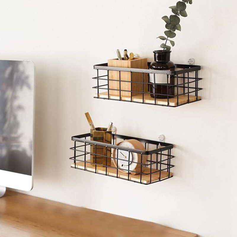 Yuikome 2 Packs Metal Storage Basket with Wooden Base, Decorative
