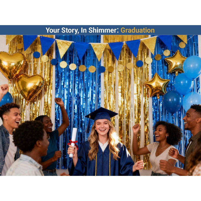 Parxara 4-Pack Blue Gold Foil Fringe Curtain,Party Decoration Streamer