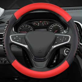 West Llama Nappa Leather Car Steering Wheel Cover Gel Massage,Cool in Summer,Universal 15 inch(Red+Black-Standard Size)