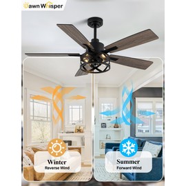 Dawn Whisper 52 Inch Farmhouse Ceiling Fans with Lights and Remote Quiet and Reversible DC Motor Black Caged Ceiling Fan for Bedroom Living Room Covered Patio