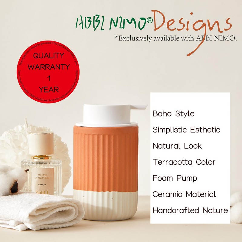 ABBI NIMO Ceramic Hand Soap Pump Foam Dispenser Terracotta, Natural