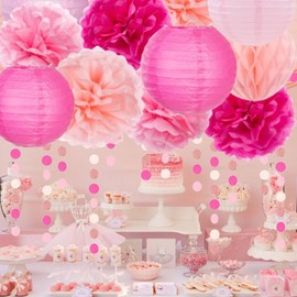 Rose Hot-Pink Party Decorations, Tissue Pom Poms, Paper Lanterns, Honeycomb Ball, Paper Circle Dots Garlands, 13 Pcs Hanging Party Supply Set for Bridal Wedding Birthday Supplies Decor