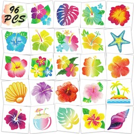 Qpout Glitter Hibiscus Temporary Tattoos for Aloha Party Decoration,96pcs Pre-cut Individually Hawaii Flower Tattoos,Summer Hibiscus Fake Tattoo Stickers for Kids Women Party Favors