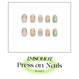 IMSOHOT Press on Nails Short Round Fake Nails Green Cat's Eye False Nails with Golden Flower Designs Glossy Full Cover Acrylic Summer Oval Cute Stick on Nails for Women Girls 24Pcs