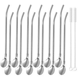 Pack of 12 Straw Spoons, 2 in 1 Straws, Stainless Steel Straws, Straw Spoons with 2 Cleaning Brushes for Latte Macchiato, Cocktail, Milkshakes, Silver