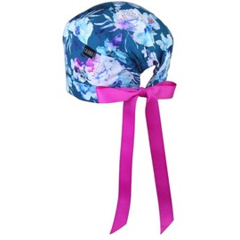 CALOMED Scrub Cap for Women, Short Hair Style Scrub Caps, Working Hat, Head Cover with Ribbons and Buttons, Short Hair (Watercolor Flowers on Teal)