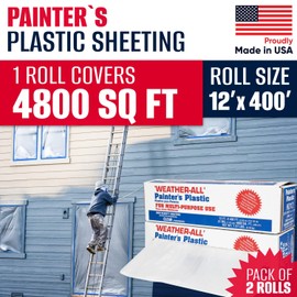 Weather-All Clear Painters Plastic Sheeting 12' x 400' (9600 sq ft), Pack of 2 – 0.31 Mil High-Density Polyethylene Roll in Self-Dispensing Box – Surface Protection for Painting and Construction
