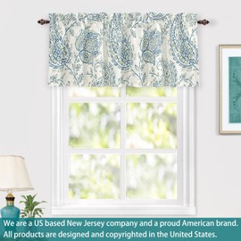 DriftAway Jacob Linen Blend Blackout Valance for Kitchen 18 Inch Length Scroll Floral Paisley Printed Lined Rod Pocket Room Darkening Linen Curtain Valance for Living Room 52x18 Inch Blue Green