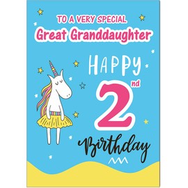 Great Granddaughter 2nd Birthday Card - Funky Unicorn - Medium Sized Card (A5 Size -148mm x 210mm) with Envelope