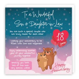 Hunts England - Son And Daughter In Law 18th Anniversary Card - Starry Night - Cute Bears - Verse 18th Anniversary Card For Son And Daughter-in-Law - Poem Son And Daughter-in-Law Anniversary Card
