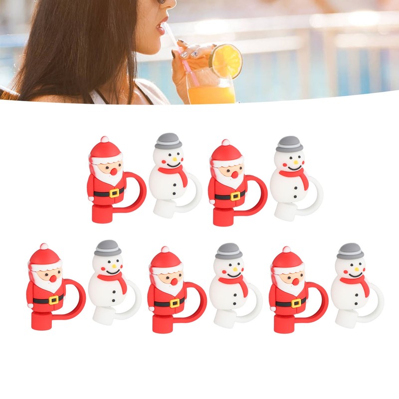 10Pcs Christmas Straw Covers Caps Cartoon Soft Silicone Christmas Straw