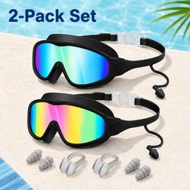 Kids Swim Goggles for Pool and Swim Lessons – 2-Pack Wide View Anti-Fog Goggles with Earplugs and Nose Clips