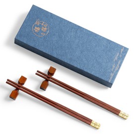 Hefild 2 Pairs of 9.2 Inch Reusable Chopsticks, Square-shaped Rest + Gold Fortune-tip Chopsticks, Wooden Cooking Reusable Chopsticks for Adults, Chinese Uncoated Chopsticks for Eating & Rests Gift Set
