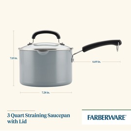 Farberware EcoAdvantage Ceramic Nonstick Straining Saucepan/Sauce Pan with Lid, 3 Quart, Gray