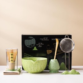 Matcha Set, Matcha Whisk and Holder, Bamboo Matcha Scoop and Stainless Steel Sifter - 7Pcs Gradient Green Matcha Kit for Matcha Lover