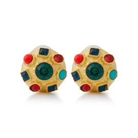 Kenneth Jay Lane Gold Faux Ruby and Emerald Gemstone Button Clip-On Earrings (Multicolor)