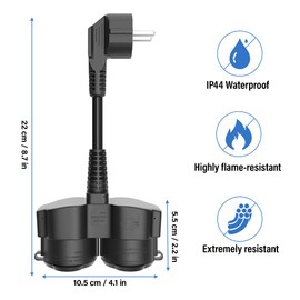 KBIBCK Verlängerungskabel mit 2 Fach Schuko Steckdosen, Schuko Doppelstecker Kabel, 2 in 1 Outdoor Steckdose, Außen Schutzkontakt Kurze Kabel, IP44 Wasserdicht für Innen und Außenbereiche (Schwarz)