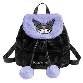 ROFOLO Cute Plush Backpack Cartoon Drawstring Girls School Bag Kawaii Casual Women’s Backpack(Black-Kuro)