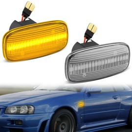 NEIFILES bnr34 Side Marker LED Skyline r34 GT-R Late Sylvia s15 Serena C24 Side Turn Signal c34 Stage Sunny G10 Stage M35 Early WC34 Stage AM 350s Primera Sedan Wagon P12 Early Bluebird Sylfi G10 type Primera Camino WP11 Wagon Preparation, Compatible with Car Inspections, Fully Flashing, Set of 2, Clear