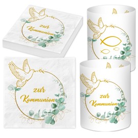 Pack of 20 Napkins Communion + 12 Lantern Table Decorations + 60 Wooden Fish Scatter Decoration, Communion Decoration Boy Girl Eucalyptus Green, First Communion Gifts Guest Gifts, Wooden Fish