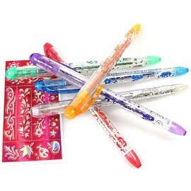 6 TEMPORARY TATTOO Gel Pens & BRACELET Watch -Semi Pemanent, Body Glitter, Skin Tattoo with Patterened STICKER STENCILS (1 Pack of 6)