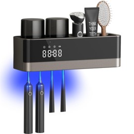 Toothbrush Holders for Bathrooms,2 Cup Rechargeable Electric Toothbrush Holder with Storage,Smart Cleaning and Wireless Hot Air Drying, 4 Slots Wall Mounted Toothbrush Holder Bathroom Decor (Black)