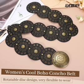 LEACOOLKEY Women's Boho Disc Belt Wide Western Leather Belt Vintage Concho Waist Belts for Dress Jeans