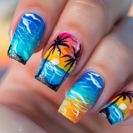 Vopintpy Ocean Design Press on Nails Coconut Tree Sunset Fake Nails Medium Square Summer Acrylic Glue on Nail Glossy Full Cover Artificial Stick on Nail for Women DIY Manicure
